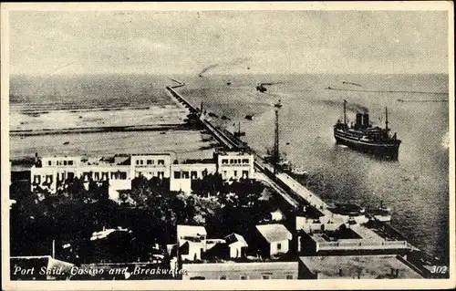 Ak Port Said Ägypten, Casino and Breakwater, Dampfer, Hafendamm