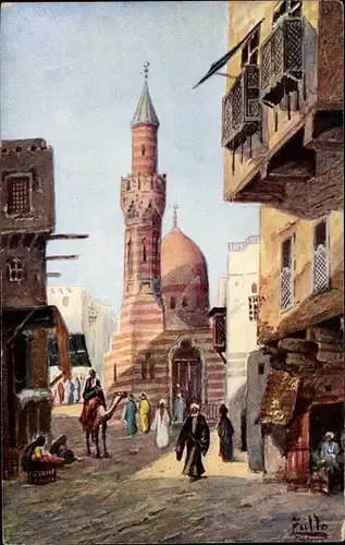 Künstler Ak Cairo Kairo Ägypten, Strassenpartie mit Moschee