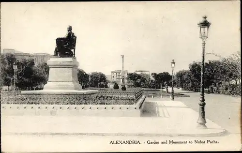 Ak Alexandria Ägypten, Garden and Monument to Nubar Pacha