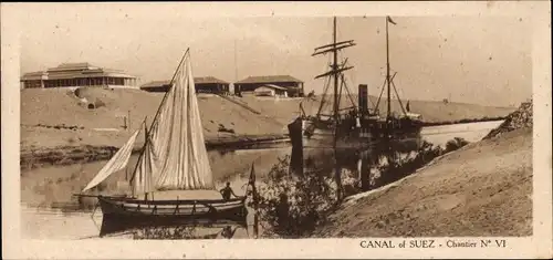 Ak Canal of Suez Ägypten, Chantier N°VI, Dampfer, Segelboot