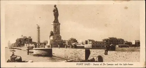 Ak Port Said Ägypten, Statue of De Lesseps and the light house