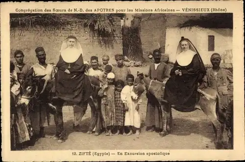 Ak Zifté Ägypten, En Excursion apostolique, Missions Africaines, Missionsschwestern auf Eseln