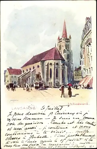 Künstler Litho Redwond, J. J., Lausanne Kanton Waadt, Stadtpartie mit Kirche