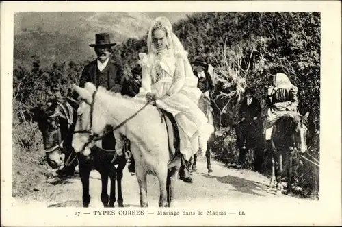 Ak Korsika, Types Corses, Ehepaar zu Pferde, Mariage dans le Maquis