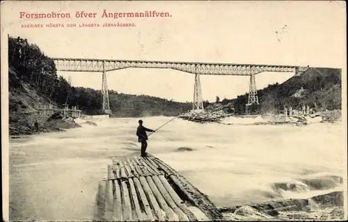 Ak Forsmo Schweden, Forsmobron, Eisenbahnbrücke über Ångermanälven, Angler