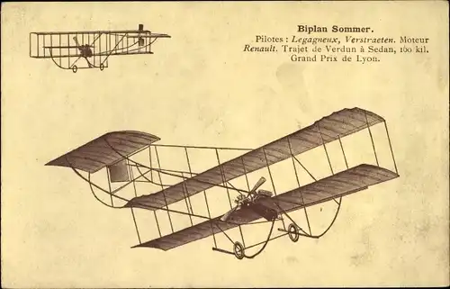 Ak Biplan Sommer, Pilotes Legagneux, Verstraeten, Moteur Renault, Flugpionier