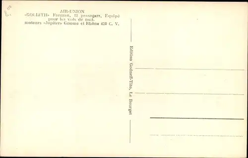 Ak Französisches Passagierflugzeug, Air Union, Goliath, Farman, Moteurs Jupiter