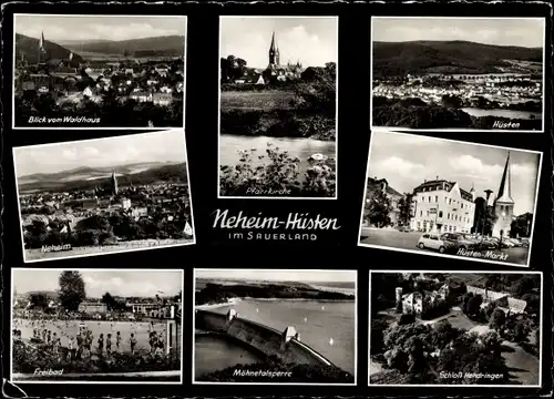 Ak Neheim Hüsten Arnsberg im Sauerland, Ortsansichten, Pfarrkirche, Hüsten-Markt, Möhnetalsperre