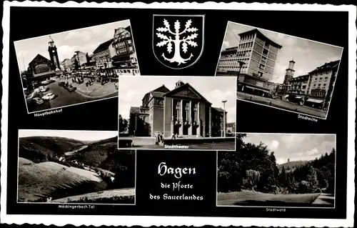 Ak Hagen Kreis Arnsberg im Sauerland, Hauptbahnhof, Stadttheater, Stadtwald, Wappen