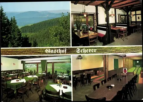 Ak Schönau Wenden im Sauerland, Gasthof Scherer, Speisesaal, Panorama vom Ort