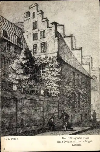 Künstler Ak Milde, C. J., Hansestadt Lübeck, Das Nöltingsche Haus, Ecke Johannisstraße Königstraße