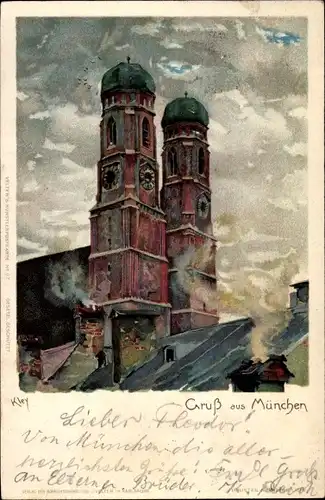 Künstler Litho Kley, Heinrich, München Bayern, Blick auf die Frauenkirche