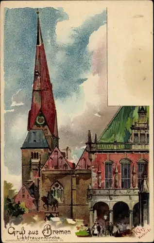 Künstler Litho Kley, Heinrich, Hansestadt Bremen, Blick auf die Liebfrauenkirche