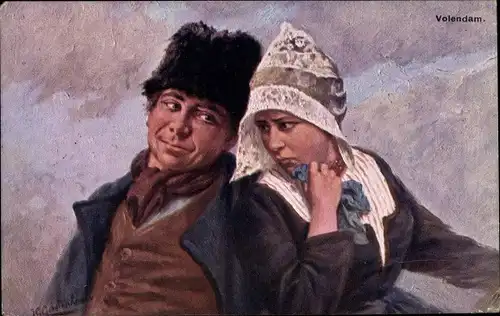Künstler Ak Gerstenhauer, Johann Georg, Volendam Nordholland, Paar in niederländischer Tracht
