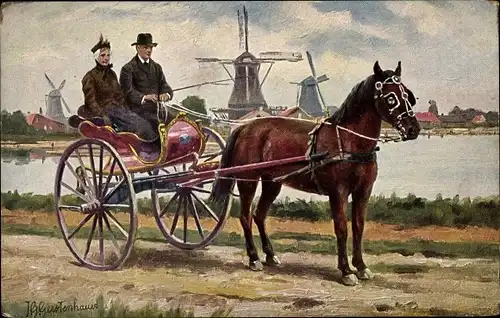 Künstler Ak Gerstenhauer, Johann Georg, niederländisches Motiv, Kutsche, Windmühlen