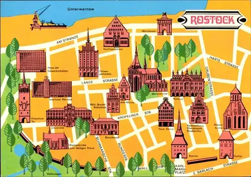 Stadtplan Ak Hansestadt Rostock, Haus Sonne, Lange Straße, Interhotel Warnow, Barocksaal