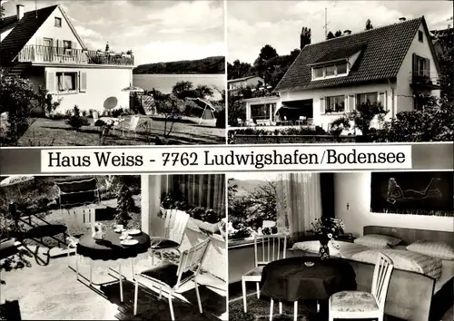 Ak Bodman Ludwigshafen am Bodensee, Haus Weiss am See, Außenansicht mit Terrasse, Innenräume