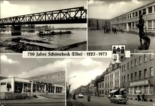 Ak Schönebeck an der Elbe, Polytechnische Oberschule, Kaufhalle Süd, Leninstraße, 750 Jahrfeier 1973