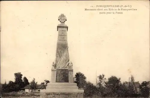 Ak Foncquevillers Pas-de-Calais, Monument eleve aux Enfants de Foncquevillers morts pour la France