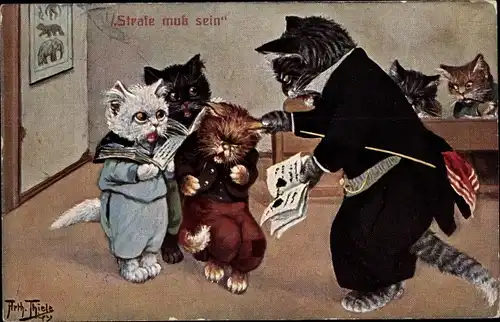 Künstler Ak Thiele, Arthur, Strafe muss sein, Vermenschlichte Katzen in der Schule