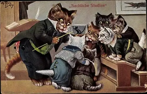 Künstler Ak Thiele, Arthur, vermenschlichte Katzen, Schule, Sachliche Studien