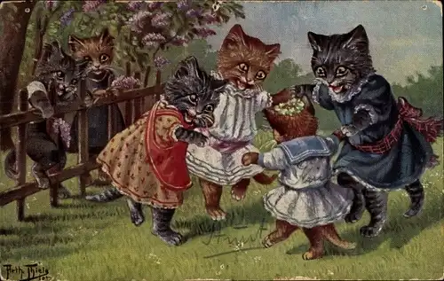 Künstler Ak Thiele, Arthur, Vermenschlichte Katzenkinder beim Spiel