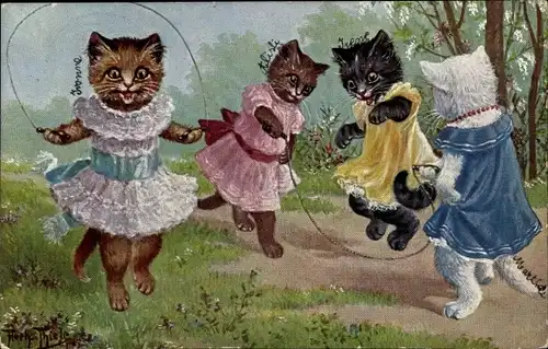 Künstler Ak Thiele, Arthur, Vermenschlichte Katzenkinder mit Springseilen