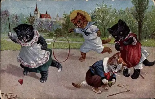Künstler Ak Thiele, Arthur, Vermenschlichte Katzenkinder mit Reifen und Kreiseln