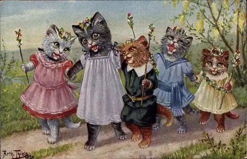 Künstler Ak Thiele, Arthur, Vermenschlichte Katzenkinder mit Blumenkränzen