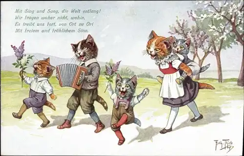 Künstler Ak Thiele, Arthur, Vermenschlichte Katzen, Mit Sing und Sang die Welt entlang