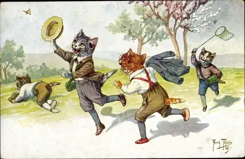 Künstler Ak Thiele, Arthur, Vermenschlichte Katzen fangen Schmetterlinge