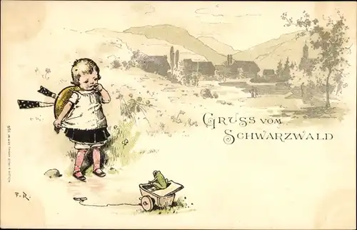 Künstler Litho Gruß vom Schwarzwald, Kind, Frosch, Spielzeug