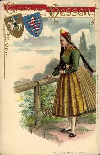 Präge Wappen Litho Gruß aus Hessen, Frau in hessischer Tracht