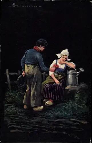 Künstler Ak Colombo, E., Junge schenkt dem Mädchen einen Blumenstrauß, Gießkanne