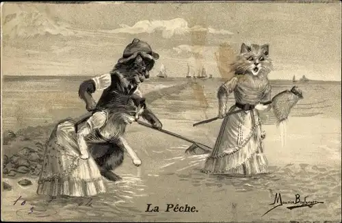 Litho Vermenschlichte Katzen beim Fischen