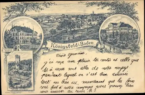 Litho Königsfeld im Schwarzwald Baden, Knabenanstalt, Mädchenanstalt, Ruine Waldau