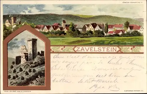 Litho Zavelstein im Schwarzwald Württemberg, Gesamtansicht, Burg