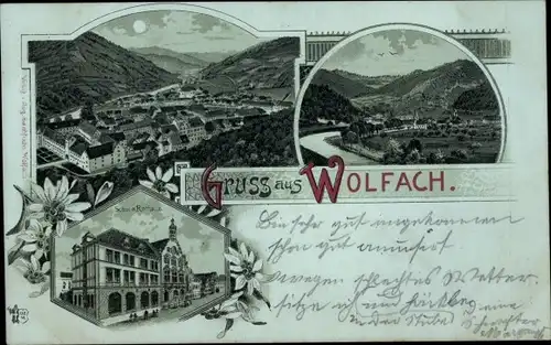 Mondschein Litho Wolfach im Schwarzwald, Gesamtansicht, Schule und Rathaus