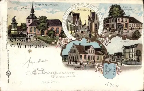Litho Wittmund in Ostfriesland, Kirche, Kriegerdenkmal, Bahnhofhotel, Hotel z. Finkenburg, Pfarrhaus