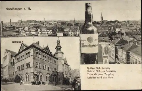 Ak Nordhausen am Harz, Rathaus, Nordhäuser Doppelkorn, Blick auf den Ort