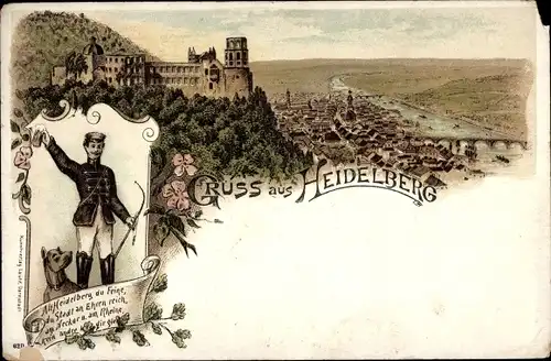 Studentika Litho Heidelberg am Neckar, Schloss, Umgebung, Student