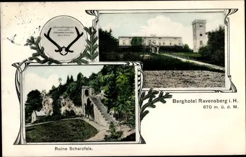 Ak Bad Sachsa im Harz, Berghotel Ravensberg, Ruine Scharzfels