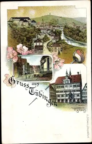 Litho Tübingen am Neckar Baden Württemberg, Rathaus, Holzmarkt, Fluss, Schloss