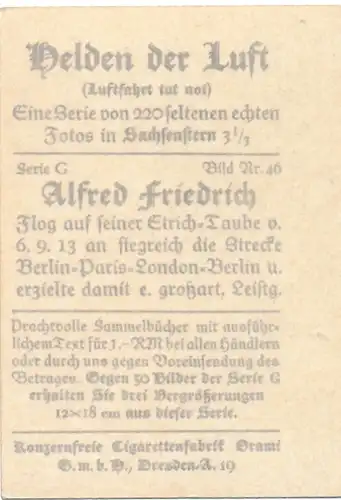 Sammelbild Helden der Luft, Serie G Bild 46 Alfred Friedrich auf Etrich-Taube 1913