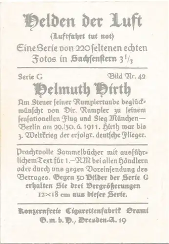 Sammelbild Helden der Luft, Serie G Bild 42 Helmuth Hirth auf Rumpler-Taube mit Dir. Rumpler 1911