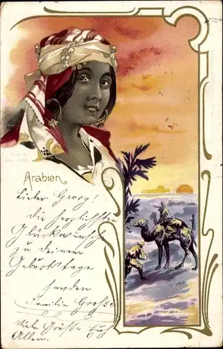 Passepartout Litho Arabien, Maghreb, Araberin, Kamel, Wüste