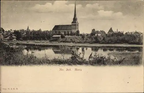 Ak Mora Schweden, Blick auf Kirche, Fluss