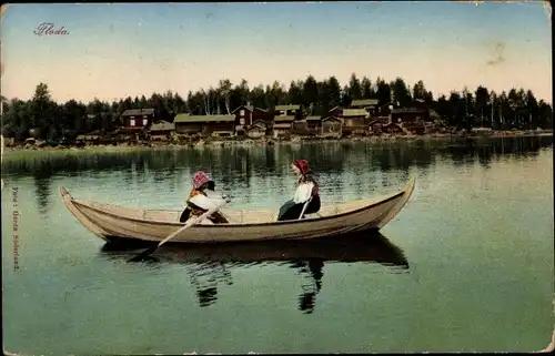 Ak Floda Schweden, Zwei Mädchen in Tracht in einem Ruderboot
