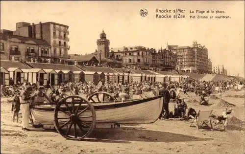 Ak Knokke Knocke Westflandern, La Plage et la phare, Boot mit Rädern