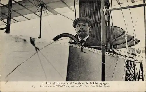 Ak Grande Semaine d'Aviation de la Champagne, Aviateur Metrot, biplan Voisin